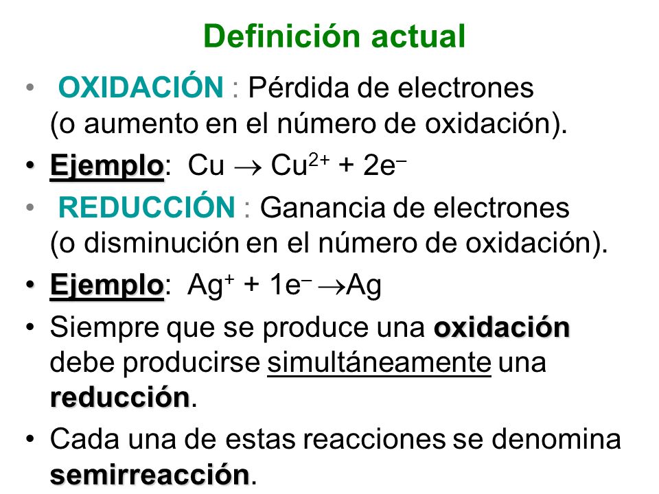 Definición actual OXIDACIÓN : Pérdida de electrones (o aumento en el número de oxidación). Ejemplo: Cu  Cu2+ + 2e–