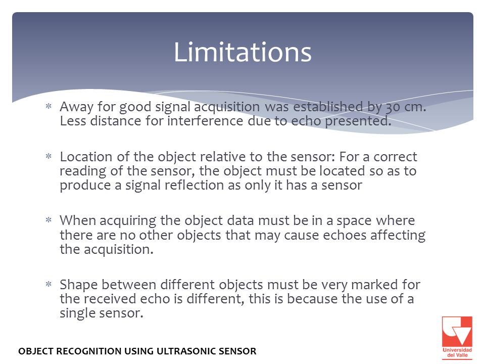 Limitations Away for good signal acquisition was established by 30 cm. Less distance for interference due to echo presented.