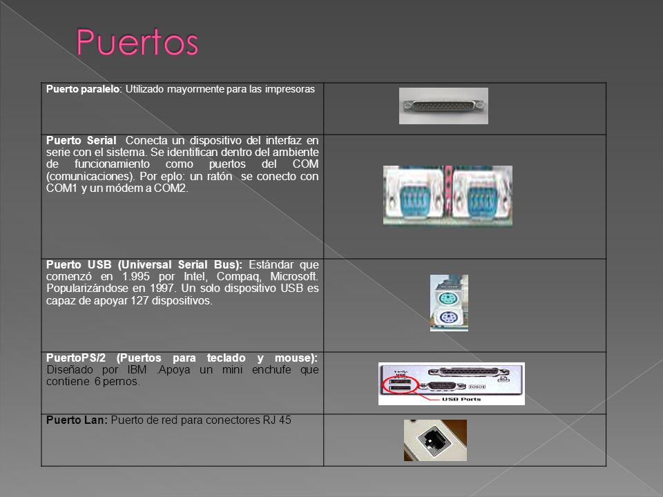 Puertos Puerto paralelo: Utilizado mayormente para las impresoras.