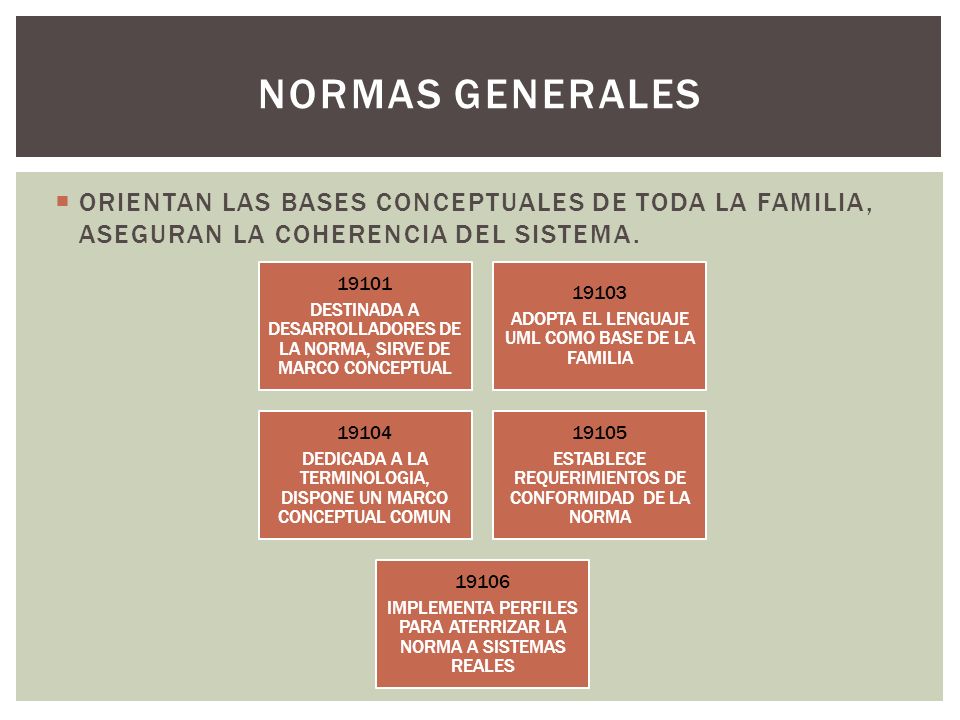 NORMAS GENERALES ORIENTAN LAS BASES CONCEPTUALES DE TODA LA FAMILIA, ASEGURAN LA COHERENCIA DEL SISTEMA.