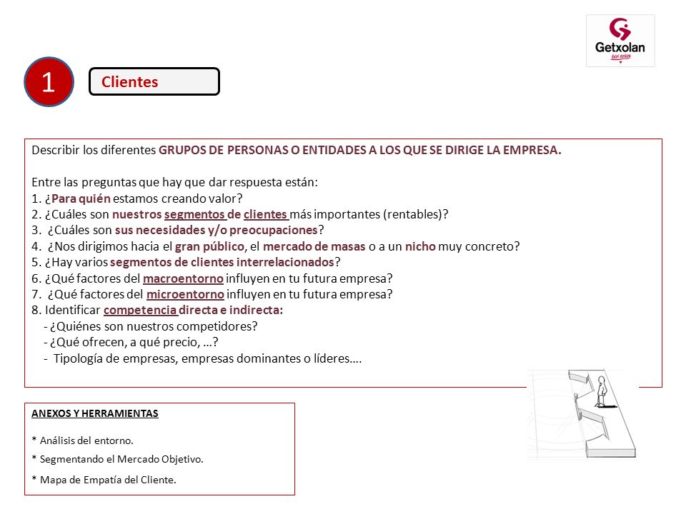 1 Clientes. Describir los diferentes GRUPOS DE PERSONAS O ENTIDADES A LOS QUE SE DIRIGE LA EMPRESA.