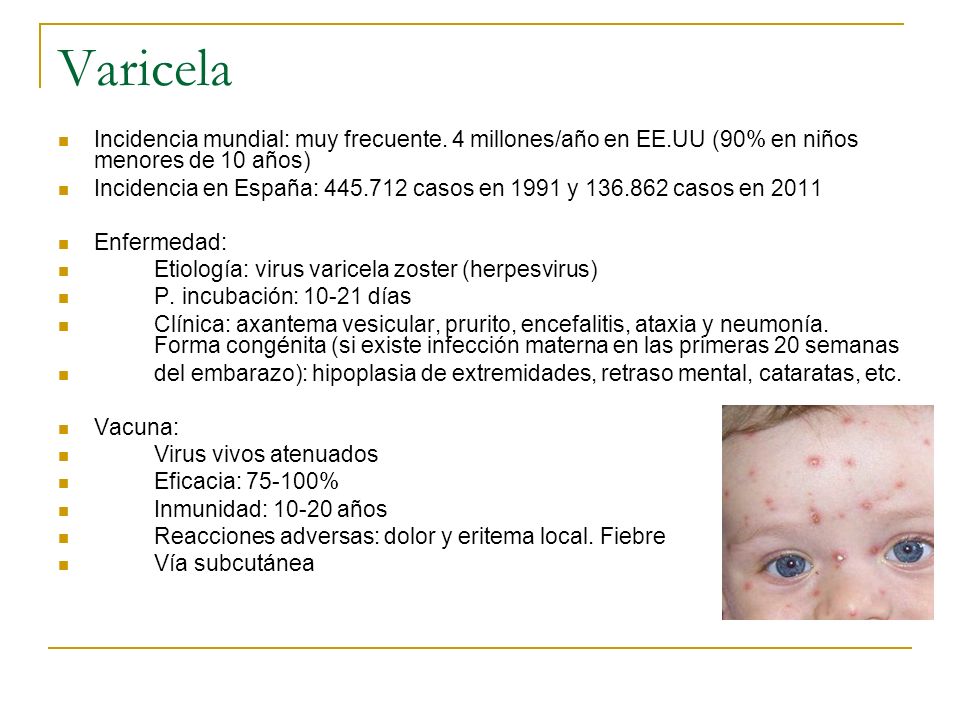 Varicela Incidencia mundial: muy frecuente. 4 millones/año en EE.UU (90% en niños menores de 10 años)