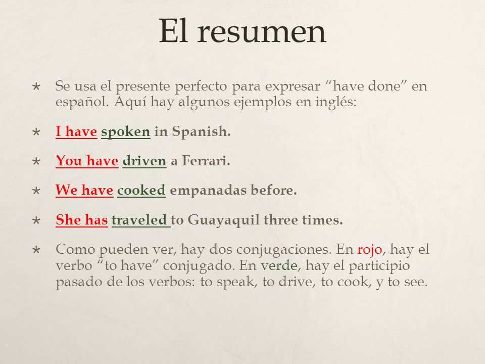 El resumen Se usa el presente perfecto para expresar have done en español. Aquí hay algunos ejemplos en inglés: