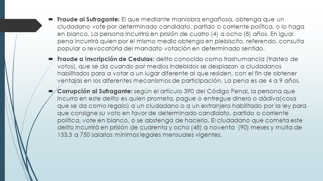 Fraude al Sufragante: El que mediante maniobra engañosa, obtenga que un ciudadano vote por determinado candidato, partido o corriente política, o lo haga en blanco. La persona incurrirá en prisión de cuatro (4) a ocho (8) años. En igual pena incurrirá quien por el mismo medio obtenga en plebiscito, referendo, consulta popular o revocatoria del mandato votación en determinado sentido.