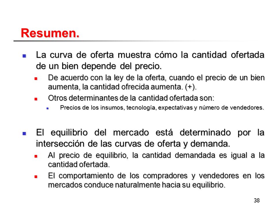 Resumen. La curva de oferta muestra cómo la cantidad ofertada de un bien depende del precio.
