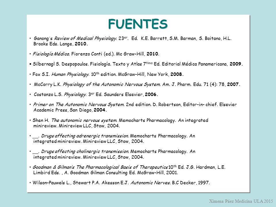 FUENTES Ganong´s Review of Medical Physiology. 23er. Ed. K.E. Barrett, S.M. Barman, S. Boitano, H.L.