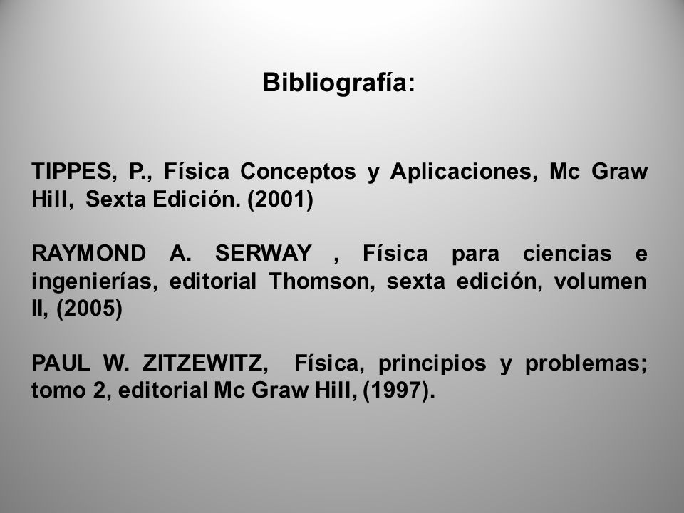 Bibliografía: TIPPES, P., Física Conceptos y Aplicaciones, Mc Graw Hill, Sexta Edición. (2001)