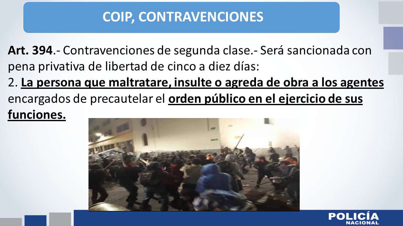 COIP, CONTRAVENCIONES Art Contravenciones de segunda clase.- Será sancionada con pena privativa de libertad de cinco a diez días: