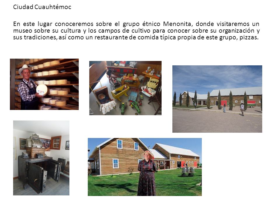 Ciudad Cuauhtémoc En este lugar conoceremos sobre el grupo étnico Menonita, donde visitaremos un museo sobre su cultura y los campos de cultivo para conocer sobre su organización y sus tradiciones, así como un restaurante de comida típica propia de este grupo, pizzas.