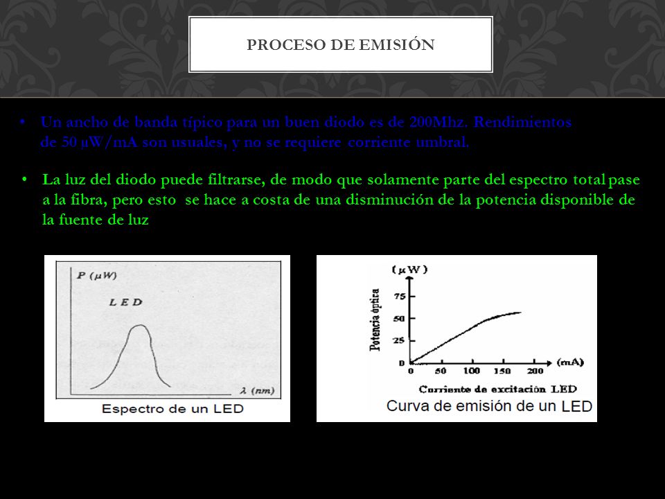 Proceso de emisión Un ancho de banda típico para un buen diodo es de 200Mhz. Rendimientos de 50 µW/mA son usuales, y no se requiere corriente umbral.