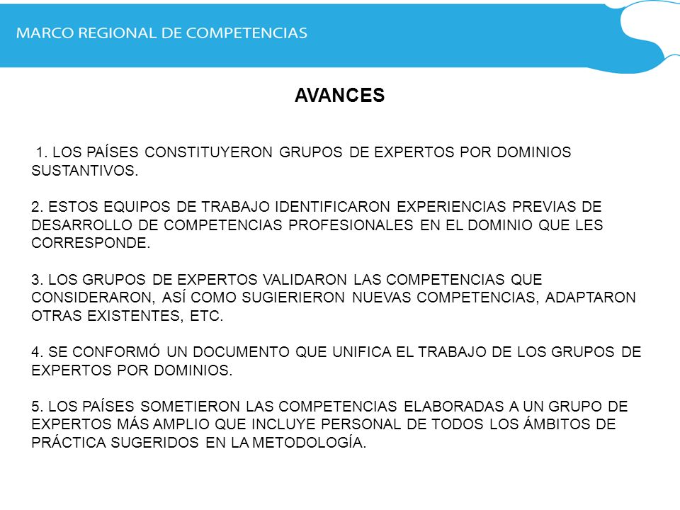 AVANCES 1. LOS PAÍSES CONSTITUYERON GRUPOS DE EXPERTOS POR DOMINIOS SUSTANTIVOS.
