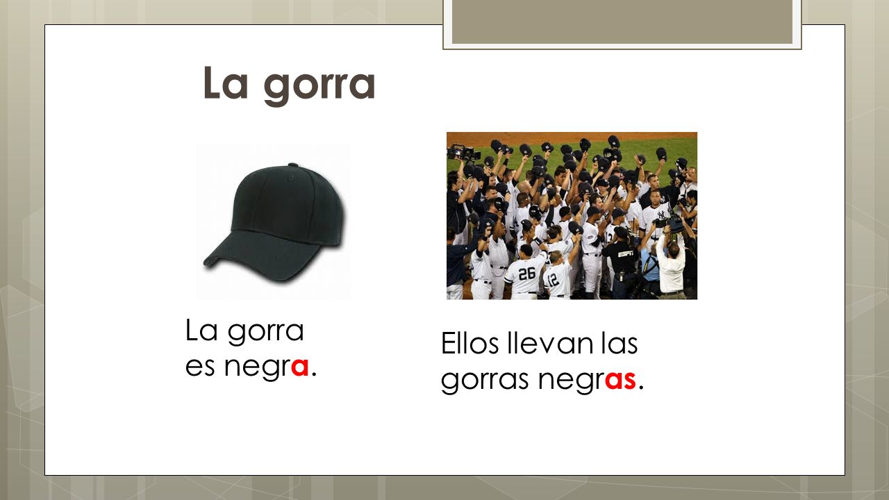 La gorra La gorra es negra. Ellos llevan las gorras negras.