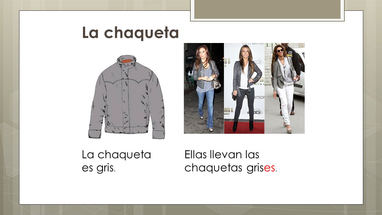 La chaqueta La chaqueta es gris. Ellas llevan las chaquetas grises.