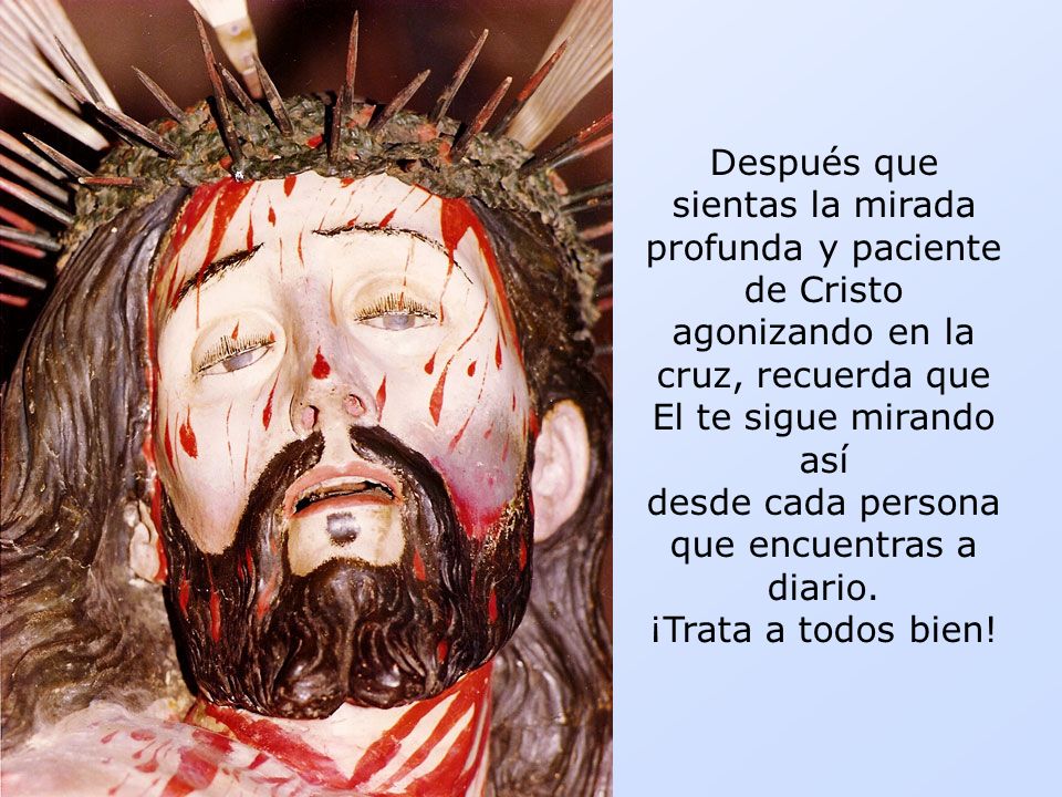 Después que sientas la mirada profunda y paciente de Cristo agonizando en la cruz, recuerda que El te sigue mirando así desde cada persona que encuentras a diario.