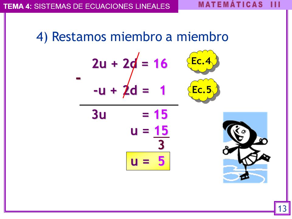 - 4) Restamos miembro a miembro 2u + 2d = 16 -u + 2d = 1 3u = 15