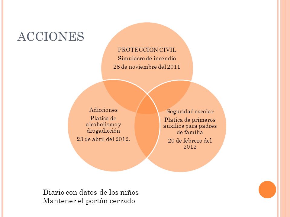 ACCIONES Diario con datos de los niños Mantener el portón cerrado