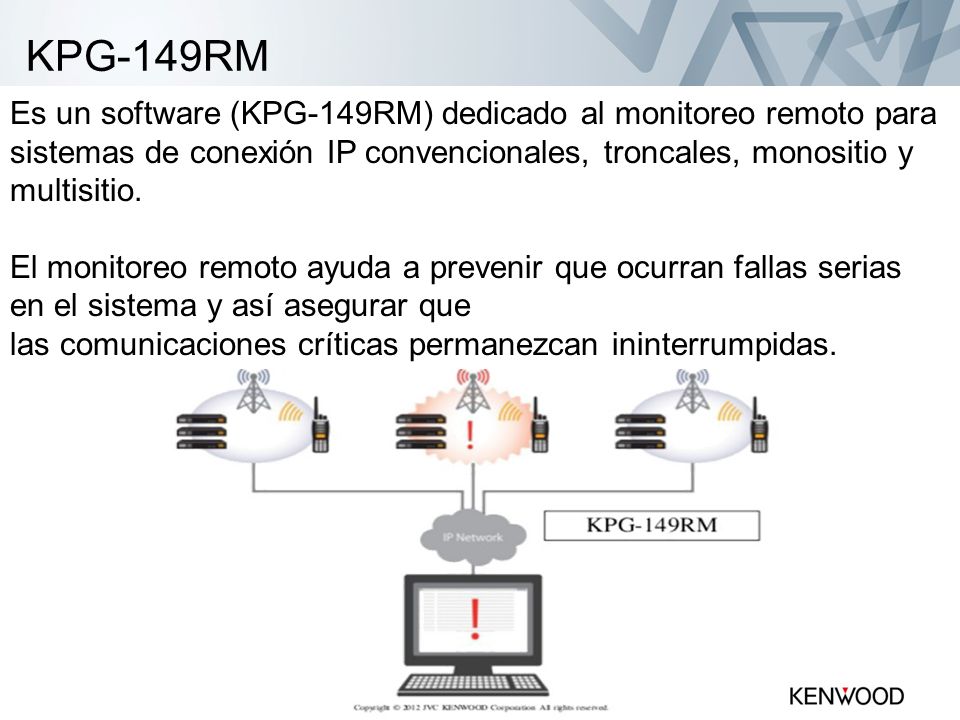 KPG-149RM Es un software (KPG-149RM) dedicado al monitoreo remoto para sistemas de conexión IP convencionales, troncales, monositio y multisitio.