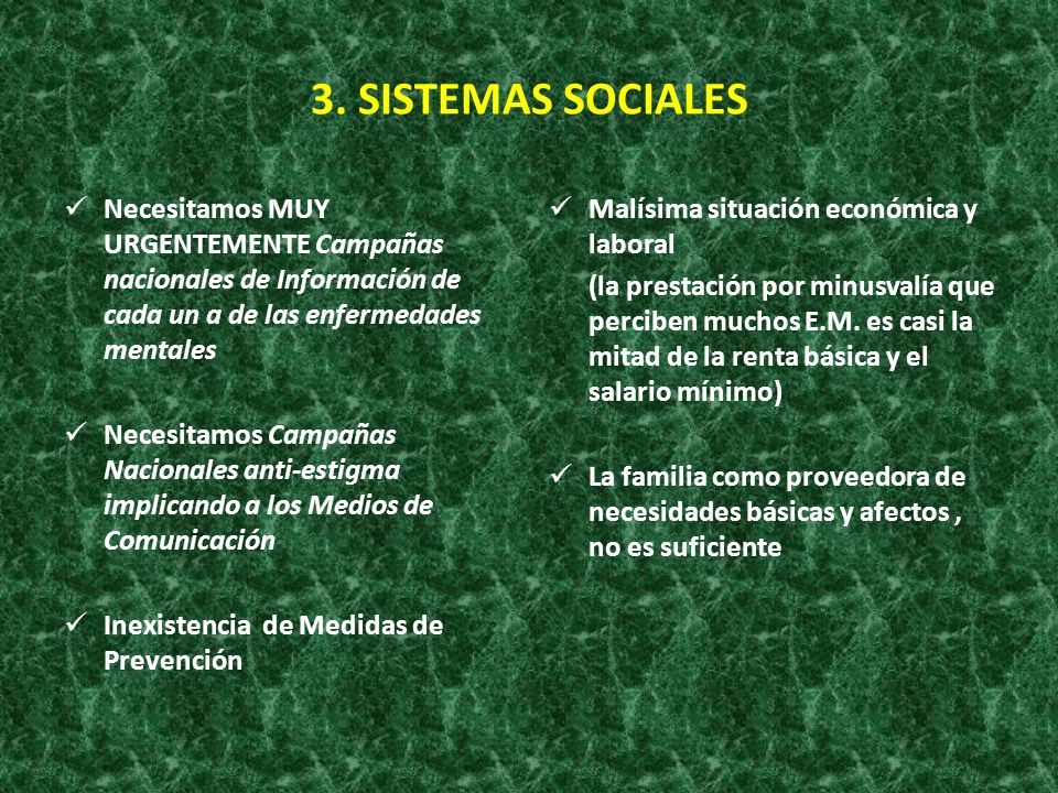 3. SISTEMAS SOCIALES Necesitamos MUY URGENTEMENTE Campañas nacionales de Información de cada un a de las enfermedades mentales.