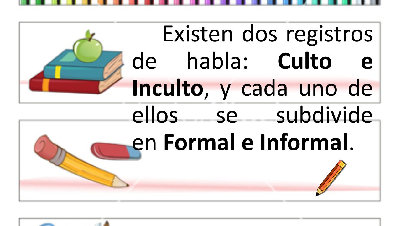 Existen dos registros de habla: Culto e Inculto, y cada uno de ellos se subdivide en Formal e Informal.