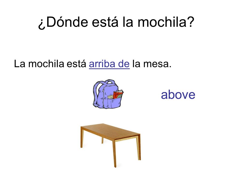 ¿Dónde está la mochila La mochila está arriba de la mesa. above