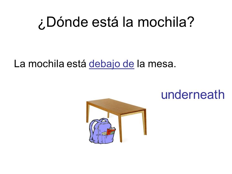 ¿Dónde está la mochila La mochila está debajo de la mesa. underneath