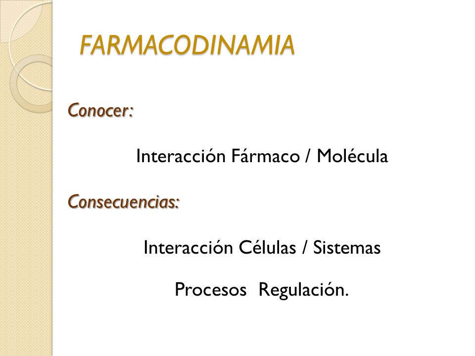 FARMACODINAMIA Conocer: Interacción Fármaco / Molécula Consecuencias: Interacción Células / Sistemas Procesos Regulación.