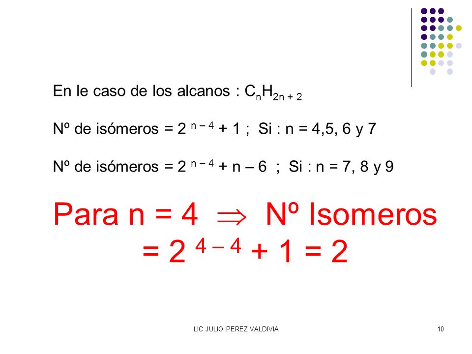 Para n = 4  Nº Isomeros = 2 4 – = 2