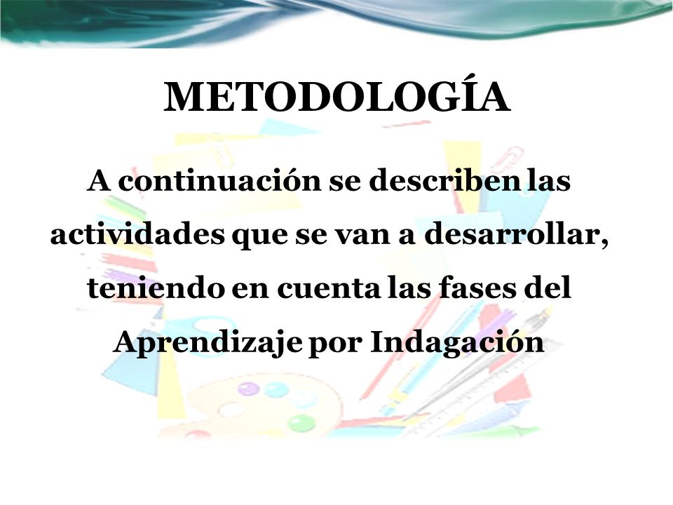 METODOLOGÍA A continuación se describen las actividades que se van a desarrollar, teniendo en cuenta las fases del Aprendizaje por Indagación.