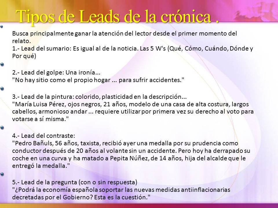 Tipos de Leads de la crónica .