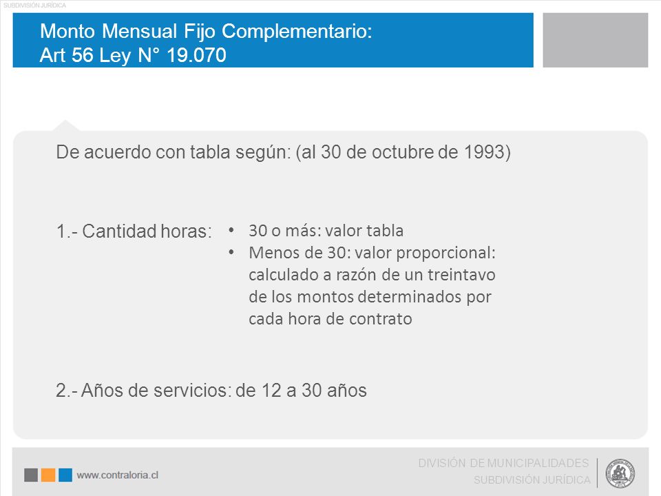 Monto Mensual Fijo Complementario: Art 56 Ley N°