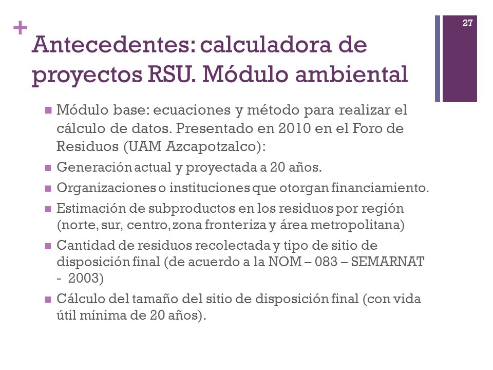 Antecedentes: calculadora de proyectos RSU. Módulo ambiental