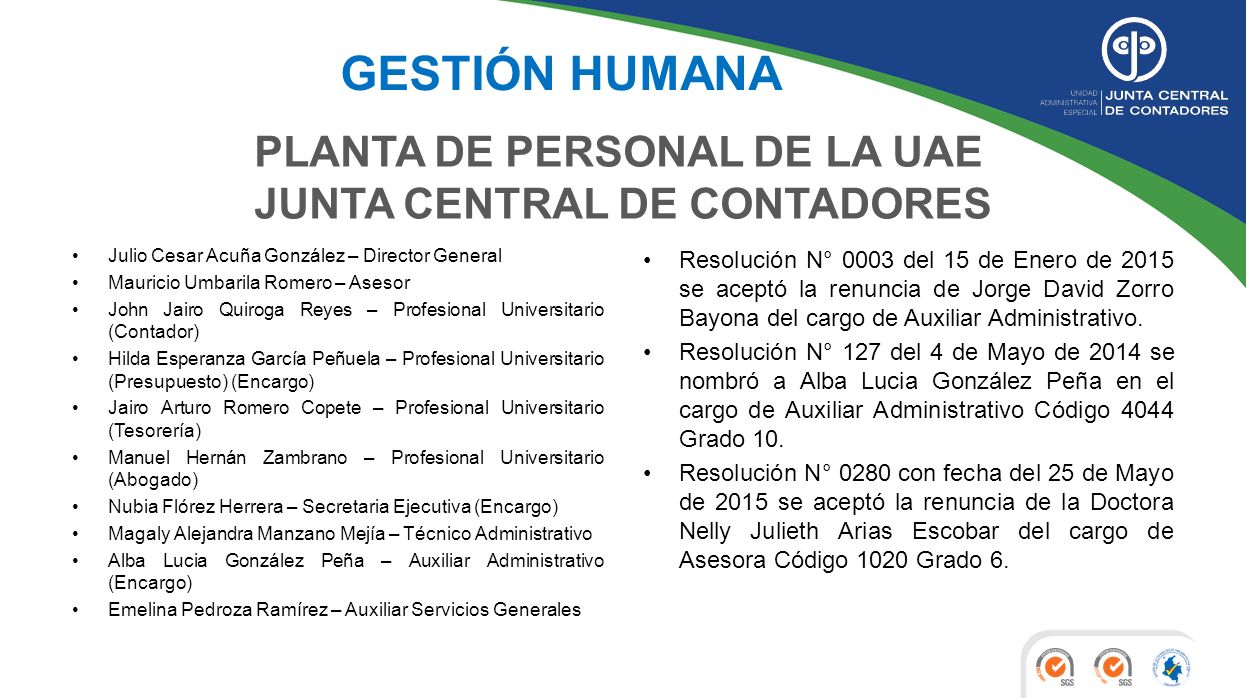 PLANTA DE PERSONAL DE LA UAE JUNTA CENTRAL DE CONTADORES