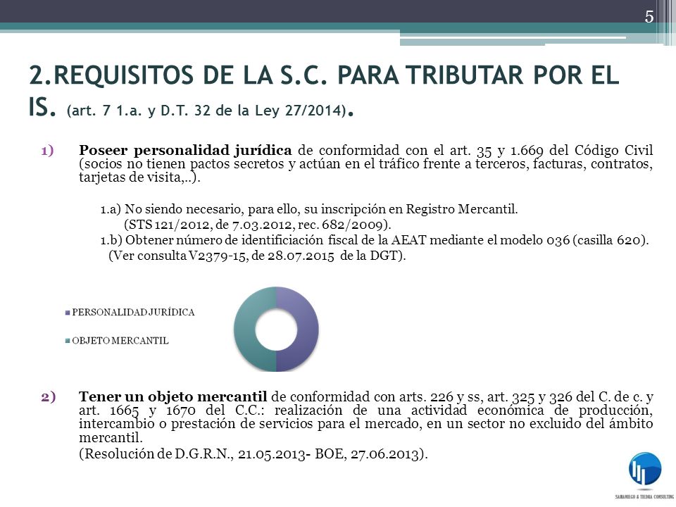 2.REQUISITOS DE LA S.C. PARA TRIBUTAR POR EL IS. (art. 7 1.a. y D.T. 32 de la Ley 27/2014).
