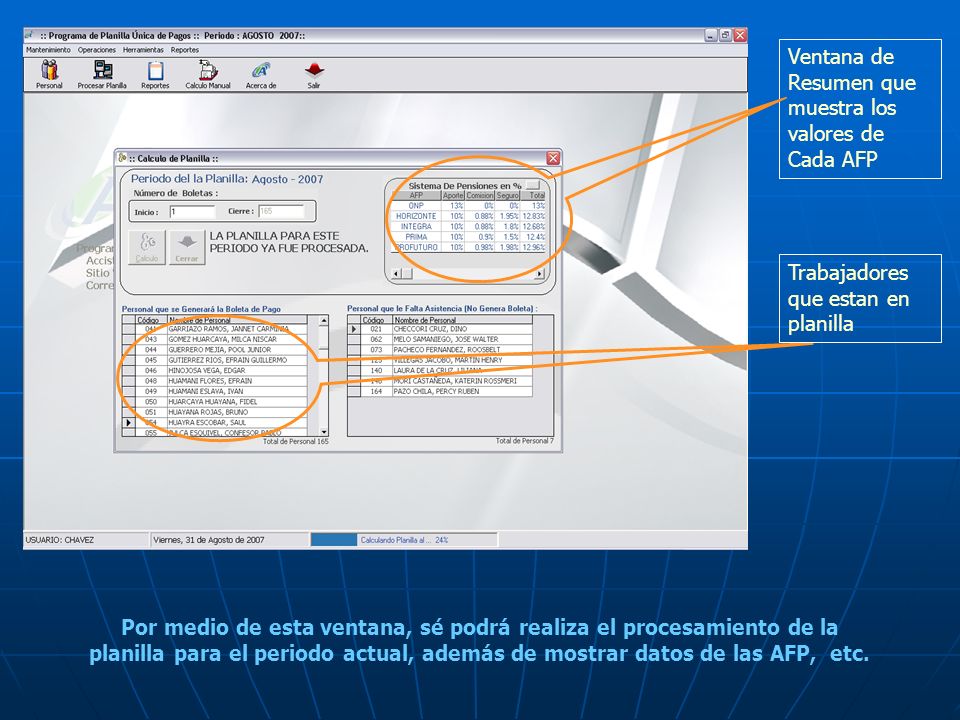 Ventana de Resumen que muestra los valores de Cada AFP
