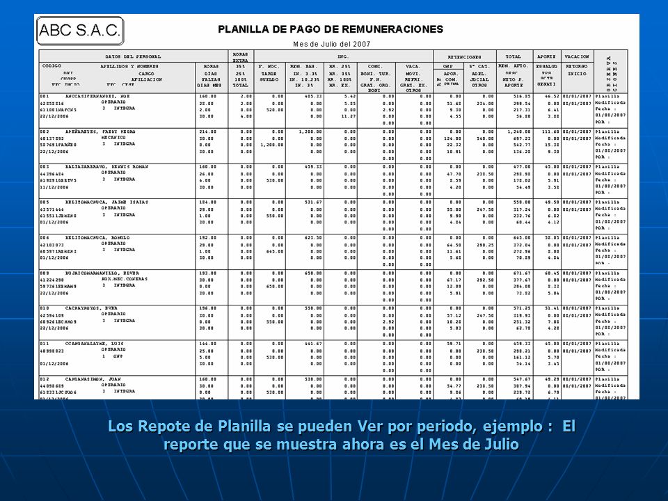 Los Repote de Planilla se pueden Ver por periodo, ejemplo : El reporte que se muestra ahora es el Mes de Julio
