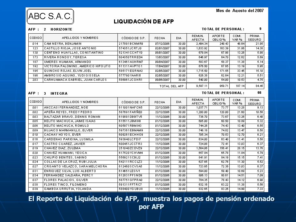 El Reporte de Liquidación de AFP, muestra los pagos de pensión ordenado por AFP