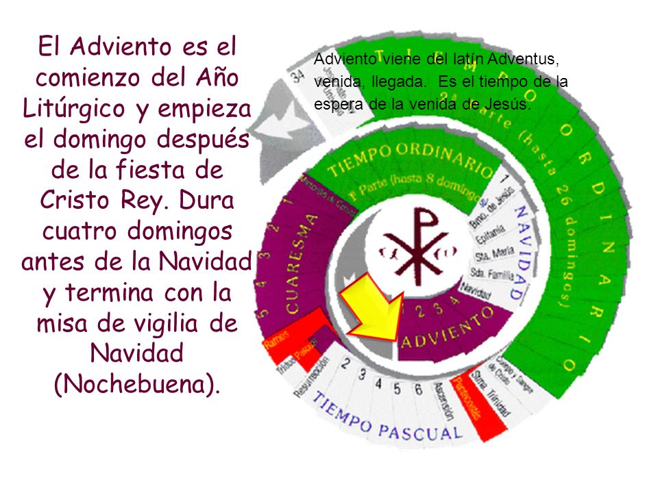 El Adviento es el comienzo del Año Litúrgico y empieza el domingo después de la fiesta de Cristo Rey. Dura cuatro domingos antes de la Navidad y termina con la misa de vigilia de Navidad (Nochebuena).