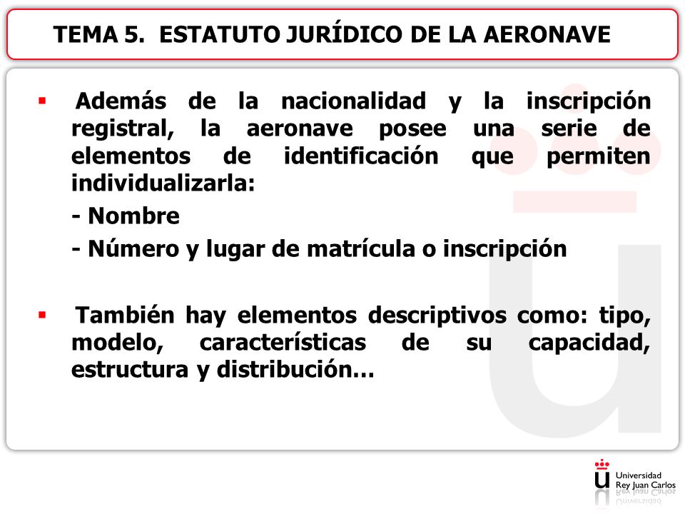 Además de la nacionalidad y la inscripción registral, la aeronave posee una serie de elementos de identificación que permiten individualizarla: