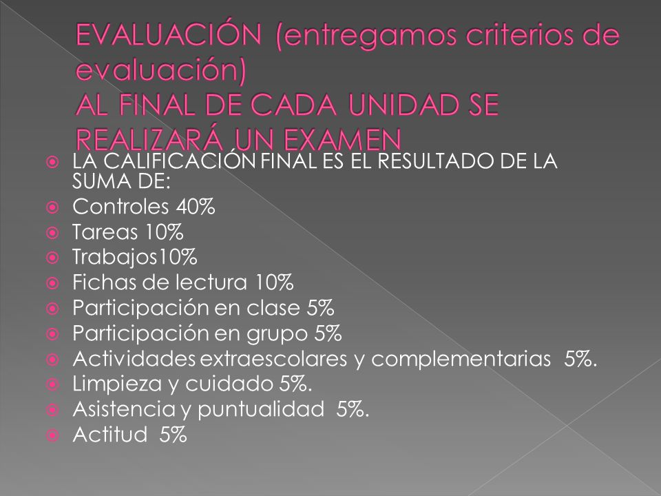 EVALUACIÓN (entregamos criterios de evaluación) AL FINAL DE CADA UNIDAD SE REALIZARÁ UN EXAMEN