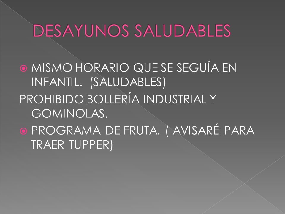 DESAYUNOS SALUDABLES MISMO HORARIO QUE SE SEGUÍA EN INFANTIL. (SALUDABLES) PROHIBIDO BOLLERÍA INDUSTRIAL Y GOMINOLAS.