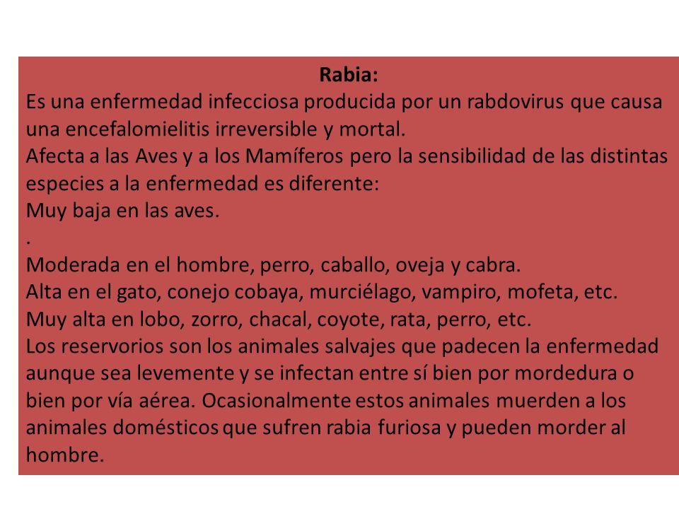 Rabia: Es una enfermedad infecciosa producida por un rabdovirus que causa una encefalomielitis irreversible y mortal.