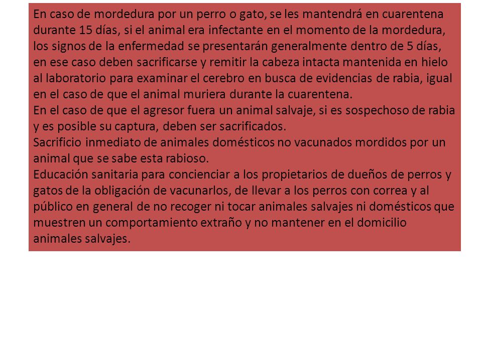 En caso de mordedura por un perro o gato, se les mantendrá en cuarentena durante 15 días, si el animal era infectante en el momento de la mordedura, los signos de la enfermedad se presentarán generalmente dentro de 5 días, en ese caso deben sacrificarse y remitir la cabeza intacta mantenida en hielo al laboratorio para examinar el cerebro en busca de evidencias de rabia, igual en el caso de que el animal muriera durante la cuarentena.