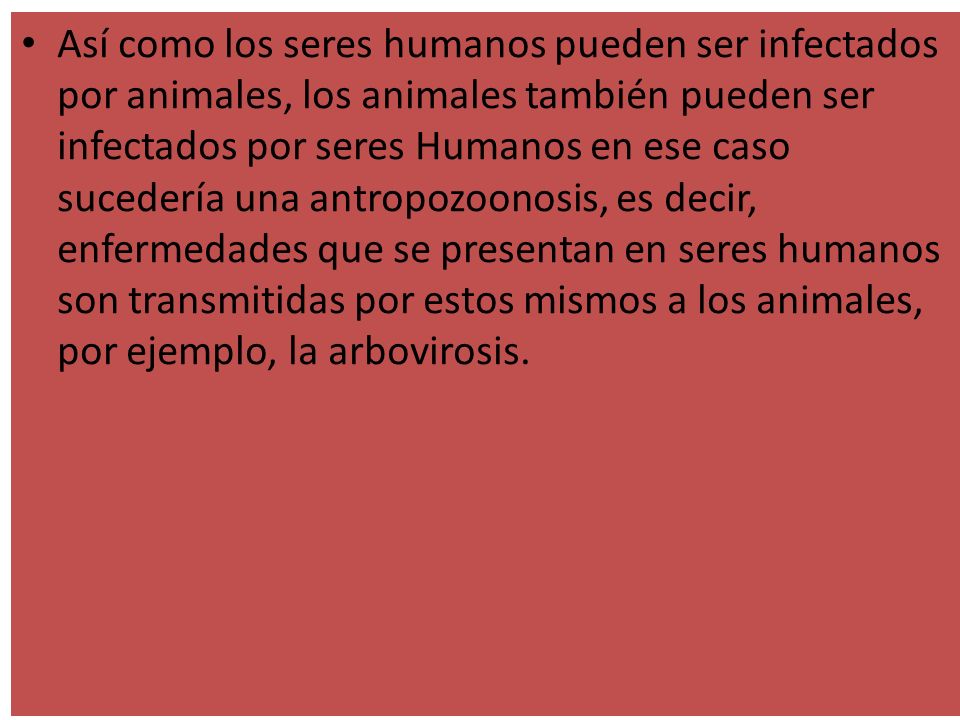 Así como los seres humanos pueden ser infectados por animales, los animales también pueden ser infectados por seres Humanos en ese caso sucedería una antropozoonosis, es decir, enfermedades que se presentan en seres humanos son transmitidas por estos mismos a los animales, por ejemplo, la arbovirosis.