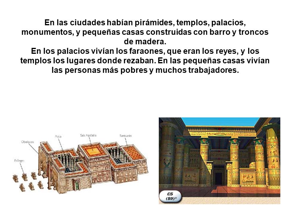 En las ciudades habían pirámides, templos, palacios, monumentos, y pequeñas casas construidas con barro y troncos de madera.