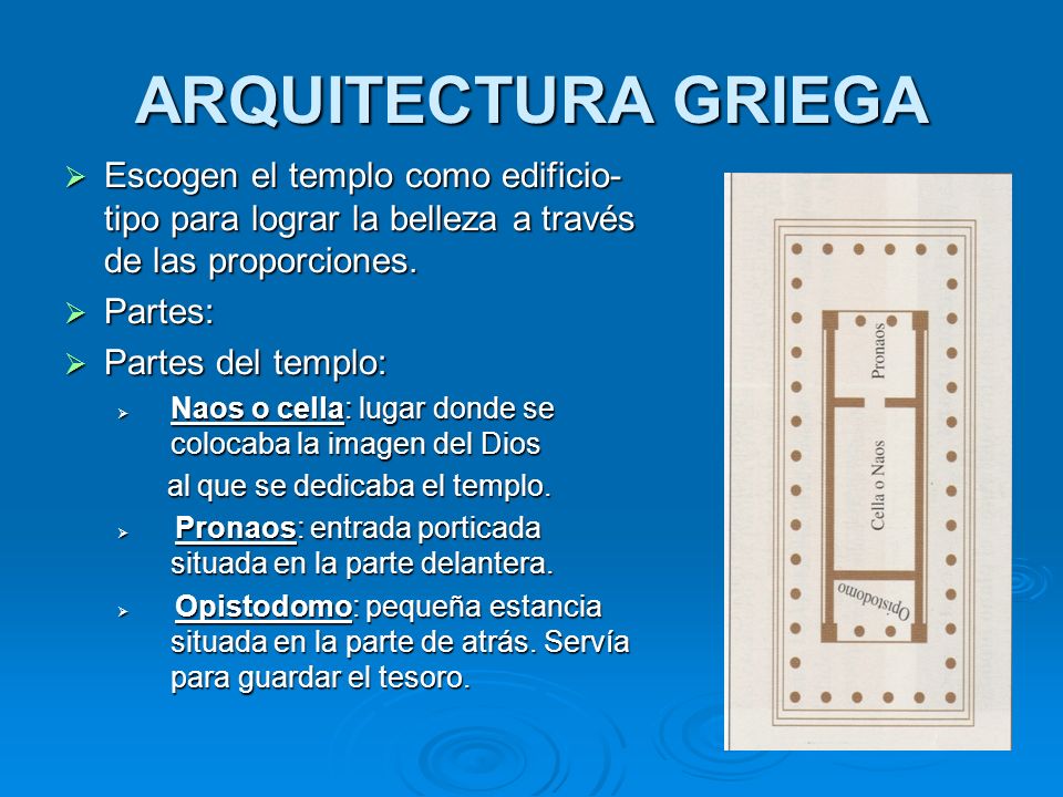 ARQUITECTURA GRIEGA Escogen el templo como edificio-tipo para lograr la belleza a través de las proporciones.