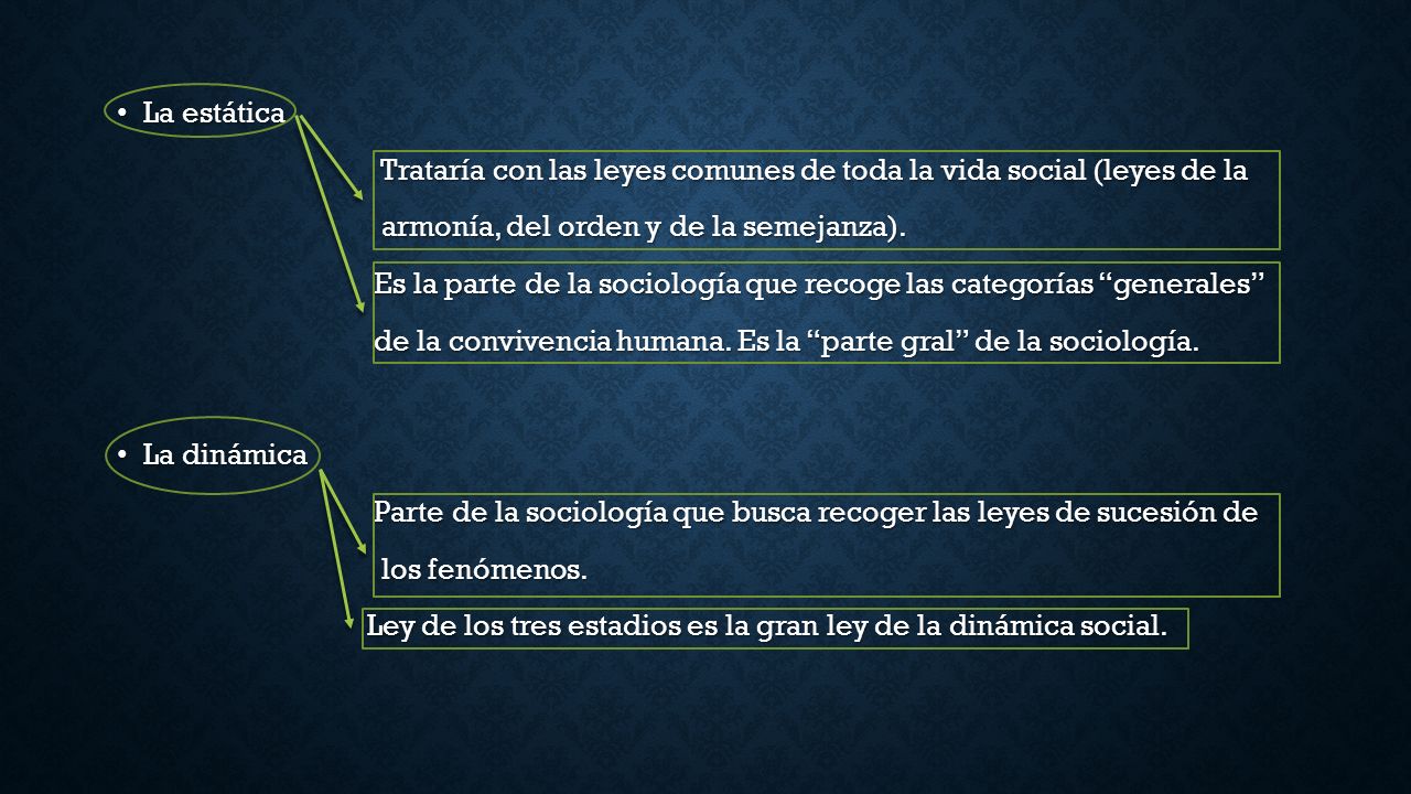 La estática Trataría con las leyes comunes de toda la vida social (leyes de la. armonía, del orden y de la semejanza).