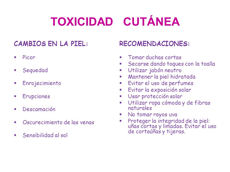 TOXICIDAD CUTÁNEA CAMBIOS EN LA PIEL: RECOMENDACIONES: Picor Sequedad