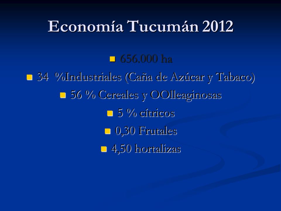 Economía Tucumán ha. 34 %Industriales (Caña de Azúcar y Tabaco) 56 % Cereales y OOlleaginosas.