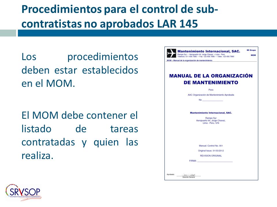 Procedimientos para el control de sub-contratistas no aprobados LAR 145