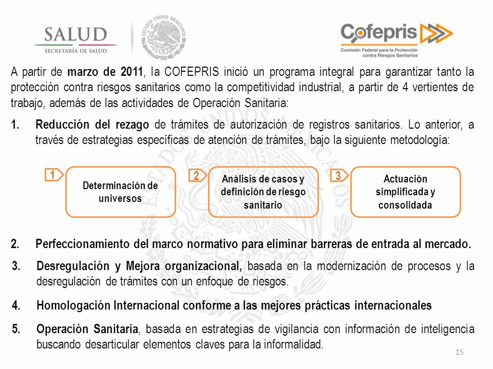A partir de marzo de 2011, la COFEPRIS inició un programa integral para garantizar tanto la protección contra riesgos sanitarios como la competitividad industrial, a partir de 4 vertientes de trabajo, además de las actividades de Operación Sanitaria: